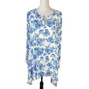 Sincerely Mary M/L Blue White Floral Cross Stitch Long Sleeve Mini Tunic Dress